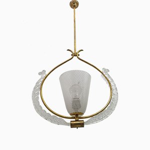 Italian Art Deco Pendant Lamp in Reticello Murano Glass by Ercole Barovier for Barovier & Toso, 1940s