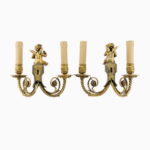 Antique Neoclassical Style Bronze Twin-Arm Cherub Wall Lights or Sconces, Set of 2
