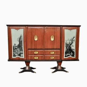 Mahogany Pear Tree, Brass & Glass Top Drawers Sideboard with Allegorical Drawings & Internal Lightning from F.lli Rigamonti Desio, Milano, 1940s