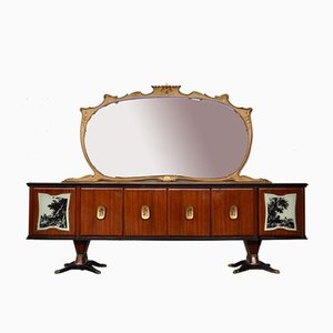 Mahogany, Pearwood, Brass & Marbled Back-Lacquered Glass Top Sideboard with Mirror from F.lli Rigamonti Desio, Milano, 1940s