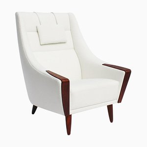 Danish Rosewood Easy Chair with Tall Back Upholstered in White Fabric, 1960s