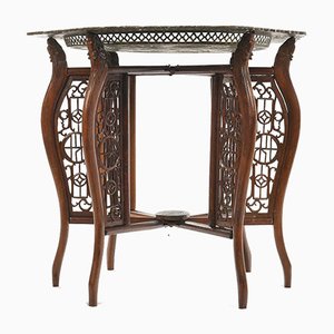 Table à Thé Antique Indochinoise avec Plateau en Cuivre Ajouré