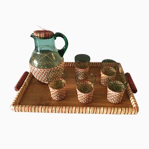 Grünes Mid-Century Tischglas mit Beigen & Griffen in Beige & Rot aus Raffia Weben, 7er Set