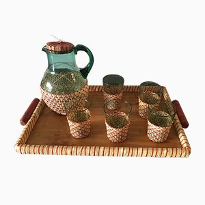 Mid-Century Green Table Glass Set with Beige & Red Raffia Weave Handles and Base, Set of 7