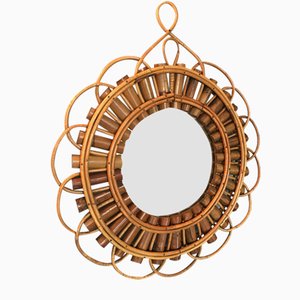 Miroir Circulaire Mid-Century avec Weave Bamboo, 1950s