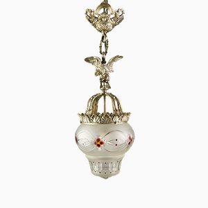 Neoclassical Style Bronze and Frosted Glass Pendant Light with an Eagle, 1920s