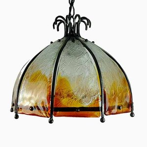 Brutalistische Mid-Century Deckenlampe aus Schmiedeeisen und Murano Glas