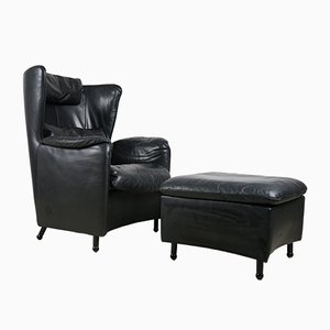 DS-23 Black Leather Chair & Ottoman by Josef Schulte for de Sede, 1980s, Set of 2