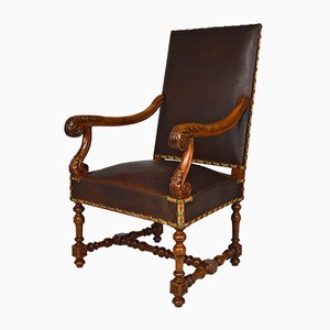 Large Antique Louis XIII Style Leather and Carved Walnut Desk Chair, 1860s