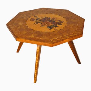 Mesa auxiliar italiana Mid-Century floral octogonal con incrustaciones, años 50