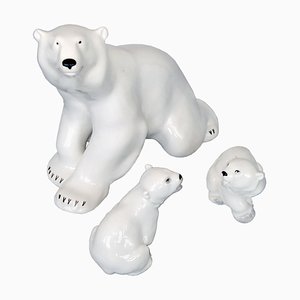 Porcelain Polar Bear and Cubs Sculptures from Lomonosov, 1960s, Set of 3