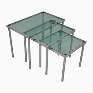 Chrome Nesting Tables with Blue Clear Glass, Set of 3