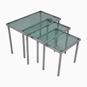 Tables Gigognes en Chrome avec Verre Bleu Clair