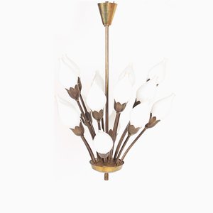 Danish Brass and Glass Tulip Chandelier from Fog & Mørup, 1950s