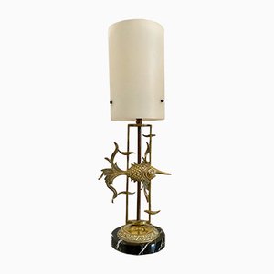 Mid-Century Brass Fish with Marble Base Table Lamp, 1950s