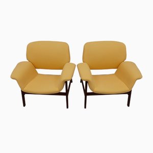 Rosewood and Yellow Fabric Model 849 Lounge Chairs by Gianfranco Frattini for Cassina, 1950s, Set of 2