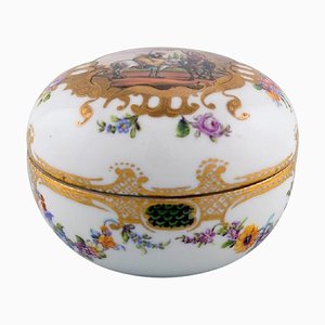 Pot à Couvercle Antique Meissen en Porcelaine Peinte à la Main avec Scène Romantique