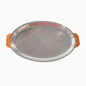 Art Deco Silver-Plated Oval Tray with Wooden Handles, 1930s