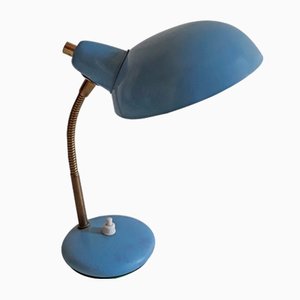 Kleine blaue Vintage Tischlampe mit verstellbarem Messingarm, 1960er