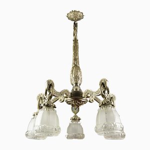 Art Deco Style Bronze and Frosted Glass Floral Chandelier, 1930s