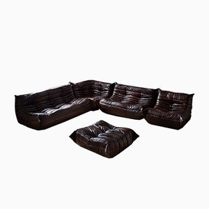 Vintage Brown Leather Togo Living Room Set by Michel Ducaroy for Ligne Roset, 1980s, Set of 5