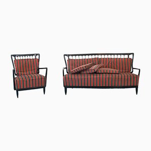 Vintage Wooden Armchair and Sofa Set, 1950s, Set of 2
