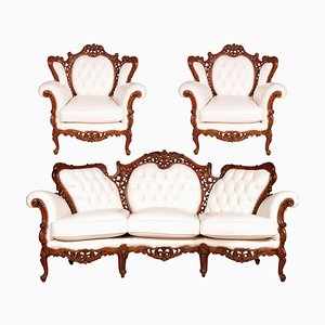 Italian Rococo Hand Carved Walnut and Leather Sofa and Armchairs Set from Atelier Cadorin, 1930s, Set of 3