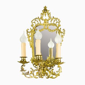 Brass and Bronze 3-Arm Mirrored Girandole Sconce, 1920s