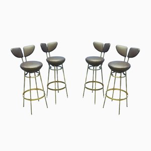 Mid-Century Leather and Steel Bar Stools, 1950s, Set of 4