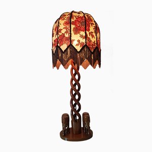 Vintage Hand Carved Open Barley Wooden Elephants Table Lamp