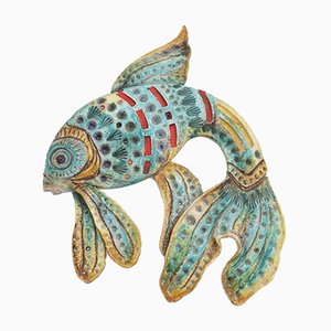 Large Ceramic Fighting Fish Wall Decoration Attributed to Aldo Londi for Bitossi, 1950s