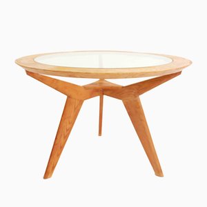 Architectural Round Maple and Glass Table Attributed to Osvaldo Borsani, 1950s