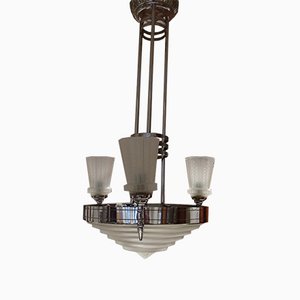 Nickel und Geometrische Gläser Deckenlampe von Jules Leleu für Maison Leleu, 1930er