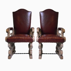 Set of Oak and Dark Red Leather Armchairs by Jean Charles Moreaux, 1940s