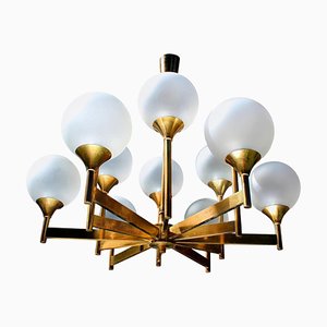 Lampadario Mid-Century in vetro e ottone