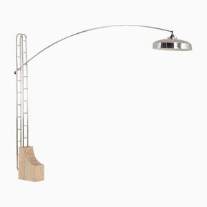 Large Space Age Italian Arc Extendable Floor Lamp with Travertine Base, 1970s