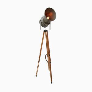 Vintage Industrial Gray Wooden Tripod Spotlight Floor Lamp