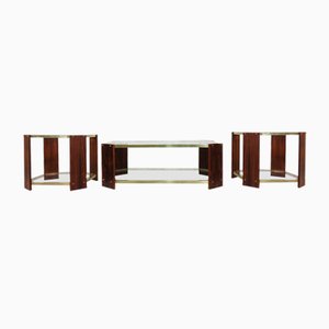 Italian Brass and Rosewood Coffee Table and Side Tables Set, 1970s, Set of 3