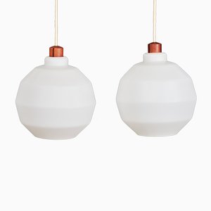 Mid-Century Danish Opaline Glass and Teak Pendant Lamps, 1960s, Set of 2