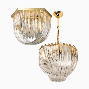 Lámparas de araña curvadas de latón dorado y cristal de Venini, Italy, años 70. Juego de 2