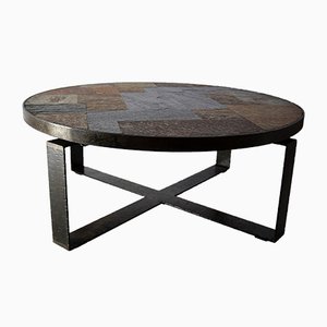 Mid-Century Slate Stone and Brass Coffee Table by Paul Kingma