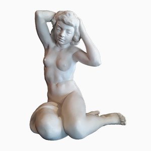 Antique German Hand-Painted Porcelain Seated Female Nude Figurine by Karl Tutter for Hutschenreuther, 1940s