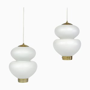 Danish Modern Glass Snowball Pendant Lamps by Bent Karlby for Lyfa, 1940s, Set of 2