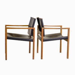 Chaises de Salon Brutalistes Scandinaves en Chêne Massif et Cuir Noir, 1960s, Set de 2