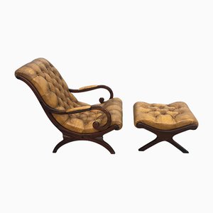 Set of Chesterfield Armchair with Pouf Set, 1950s
