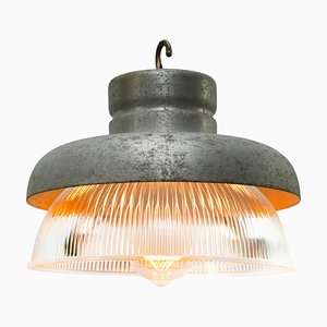 Lampada a sospensione vintage industriale in metallo grigio e vetro a strisce di Holophane