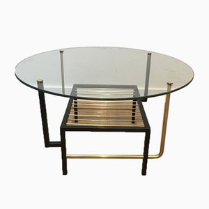 French Black Lacquered & Brass Round Coffee Table with Glass Top Attributed to Mathieu Matégot, 1950s