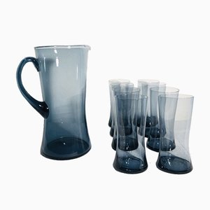Mid-Century Scandinavian Blue Glass Juice Set, 1960s, Set of 9