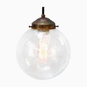 Lampada a sospensione sferica vintage in vetro a bolle e ottone