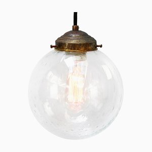 Lampe à Suspension Globe Vintage en Verre Bullé et Laiton, Pays-Bas